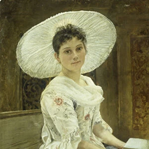 A Young Beauty in a White Hat (oil on canvas)