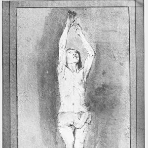 Young boy with a loincloth, both hands hanged on a small bar (pen, brown ink & wash on paper)