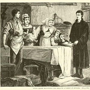 Young Calvin expounding the Bible to a Family at Bourges (engraving)