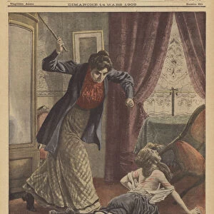 A young girl being beaten with a hazel wand (colour litho)