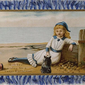 Young Girl with her Dog by the Sea, Victorian Christmas and New Year card (colour litho)
