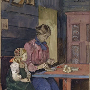 Young girl from Hallingdal learning to thread pearls, 1907 (w / c on paper)