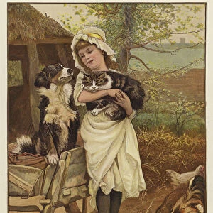 A young girl holding a cat in her arms alongside a dog (colour litho)