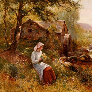A Young Girl picking Spring Flowers (oil on canvas)