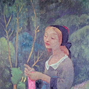 Young Girl with a Pink Stocking or Young Breton Knitting, 1920 (oil on canvas)