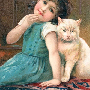 A young girl posing with a cat (colour litho)