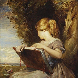A Young Girl seated under a Tree with a Sketch Book, (oil on panel)