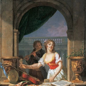 A young lady reaching for a guitar at a stone casement and a boy playing the flute beyond