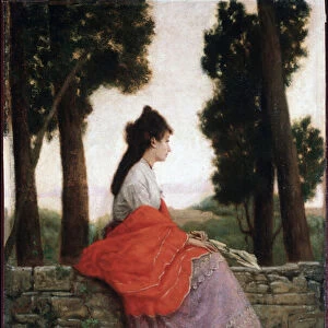 Young lady waiting for something, seated on a little wall - Painting by Federico