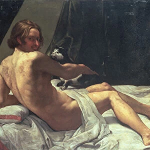 Young Man Lying on a Bed with a Cat, 1620 (oil on canvas)
