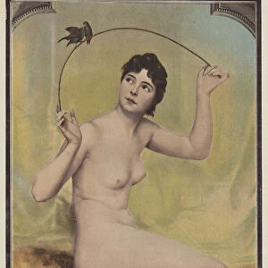 Young nude woman with birds (colour litho)