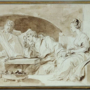 Young Woman consulting a Necromancer (sepia wash on paper)
