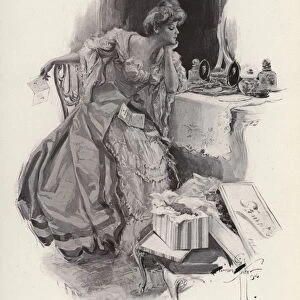 Young woman deciding between two suitors (litho)