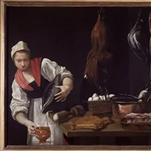 Young woman in a kitchen (oil on canvas, 17th century)