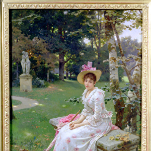 Young Woman Waiting on a Park Bench with a Parasol (oil on canvas)