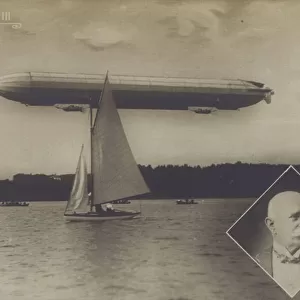 Zeppelin LZ III flying over Lake Tegel, Berlin (b / w photo)