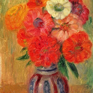Zinnias in a Striped Blue Vase (oil on canvas)