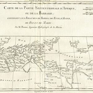 1780, Bonne Map of North Africa and the Western Mediterranean, Barbary Coast, Rigobert