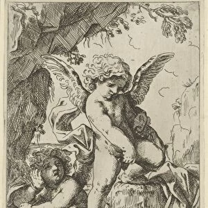 Amor breaks bow knee putto lies defeated ground