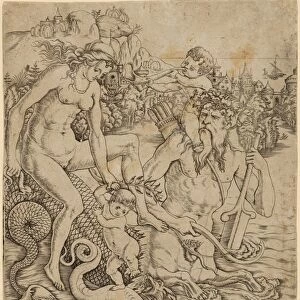 Drawings Prints, Print, triton family sea, mother, child, seated, back, half-man