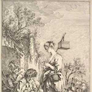Girl Bird mid late 18th century Etching engraving