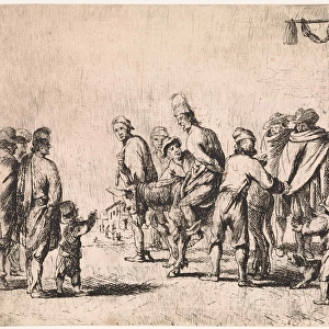 Man tied up on a donkey, print maker: Cornelis de Wael, 1630 - 1648