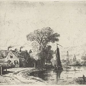 River view with sailing ship, Jan van Lokhorst, 1847 - 1874