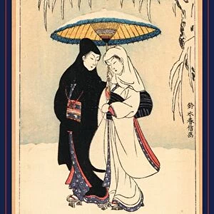 SecchA aiaigasa, Couple under umbrella in the snow (crow and heron). Suzuki, Harunobu
