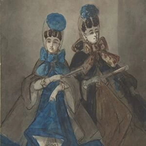 Two Women Fans 19th century Pen brown ink gray