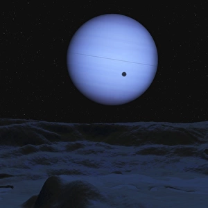 Artists concept of Neptune as seen from its largest moon Triton