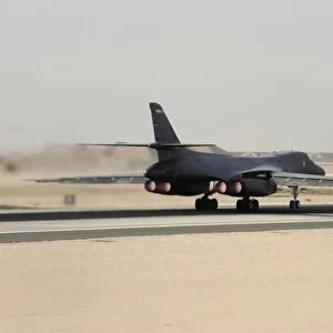 A B-1B Lancer takes off at an air base in Southwest Asia