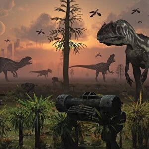 A herd of Allosaurus dinosaur cause chaos