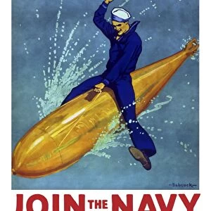 World War I propaganda poster of a sailor riding a torpedo