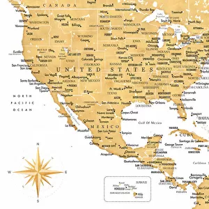 Golden map of USA and Mexico