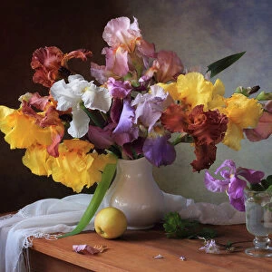 Still life with a bouquet of irises