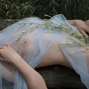 A naked girl lies on a lawn under a sheer fabric with flowers