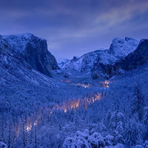 Traffic in Yosemite Valley during blue hour