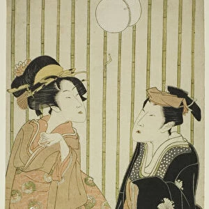 The actor Segawa Kikunojo and a young woman kicking a ball, n. d