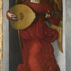An Angel in Red with a Lute, c. 1490-1499. Artist: De Predis, Giovanni Ambrogio (1455-1509)