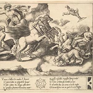 Apollo in his horse-drawn chariot at the left, above him above Jupiter hurls a thunderb