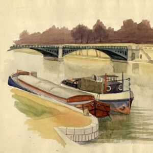 Barges on the River Thames near Battersea Bridge, London, c1951. Creator: Shirley Markham