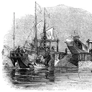Boat drawn over a sluice or lock on a canal, 1847. Artist: Giles