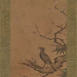 Brown-Eared Bulbul (Hiyodori) on a Branch of Plum, mid- to late 16th century. Creator: Kano Shoei