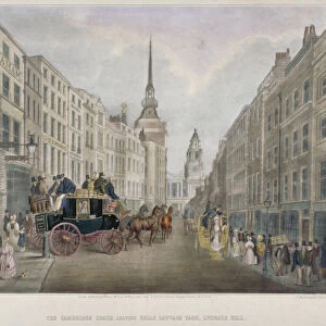 The Cambridge coach leaving the Nelson Inn, Belle Sauvage Yard, Ludgate Hill, London, 1818