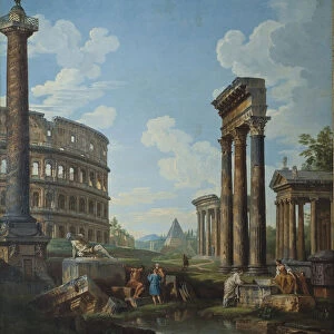 A capriccio with figures among Roman ruins including the Arch of Constantine and the Pantheon. Artist: Panini, Giovanni Paolo (1691-1765)