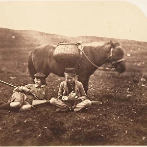 Charlie and Peel Ross with Horse after a Hunt, ca. 1856-59. Creator: Horatio Ross