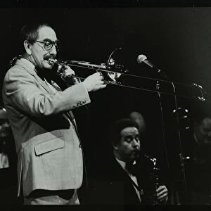 Don Lusher playing the trombone at the Forum Theatre, Hatfield, Hertfordshire, 1983