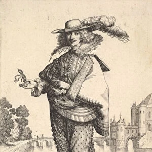 A gentleman standing in front of a large castle and wearing a plumed hat