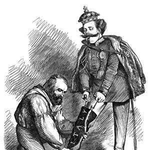 Giuseppe Garibaldi helping Victor Emmanuel II put on the boot of Italy, 1860