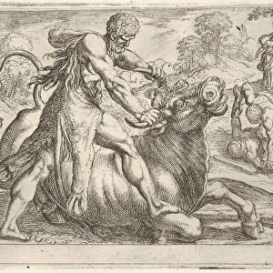 Hercules and Achelous: at center Hercules grasps the horns of a bull while pressing his ri... 1608. Creator: Antonio Tempesta